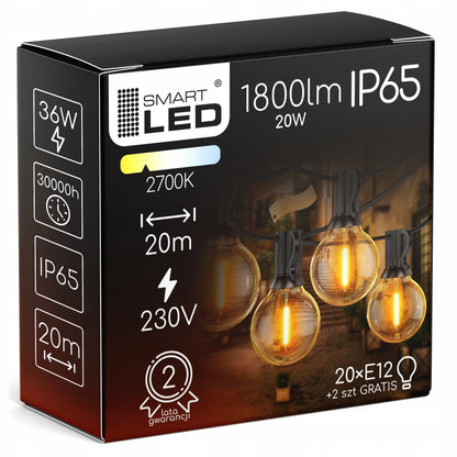 Sodo šviesos girlianda 20 m, 20x LED lemputės 1W, laidas + 2x E12 lemputės dovanų