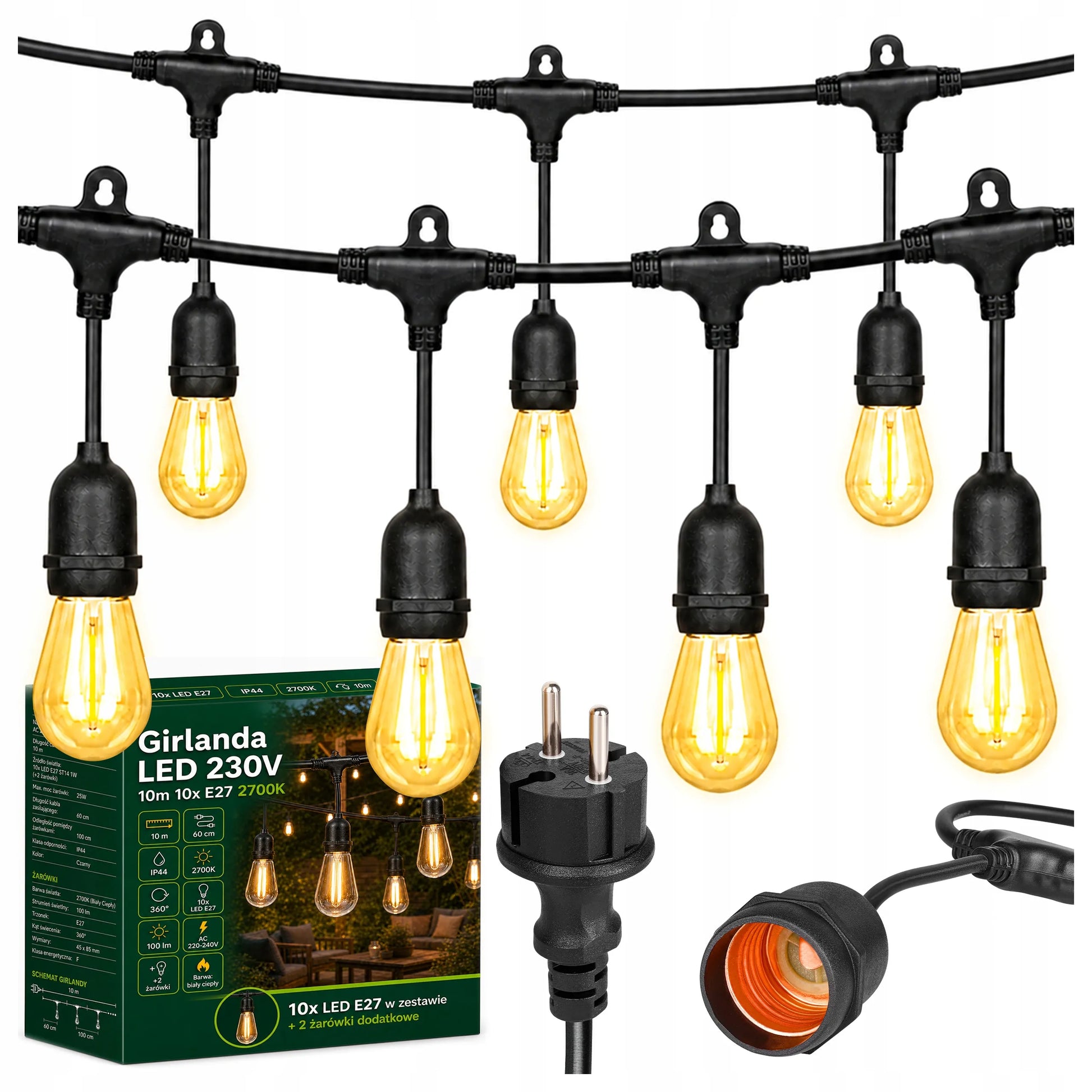 Sodo šviesos girlianda Masterled 10m 10x LED E27 vandeniui atsparus laidas
