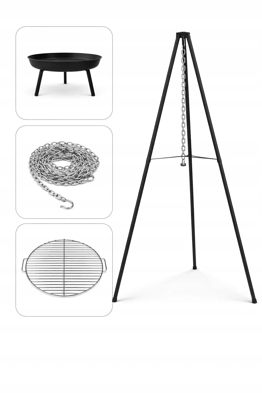 Sodo židinys su trikoju, pakabinamos kepsninės grilis su didelėmis chromuotomis grotelėmis 50 cm