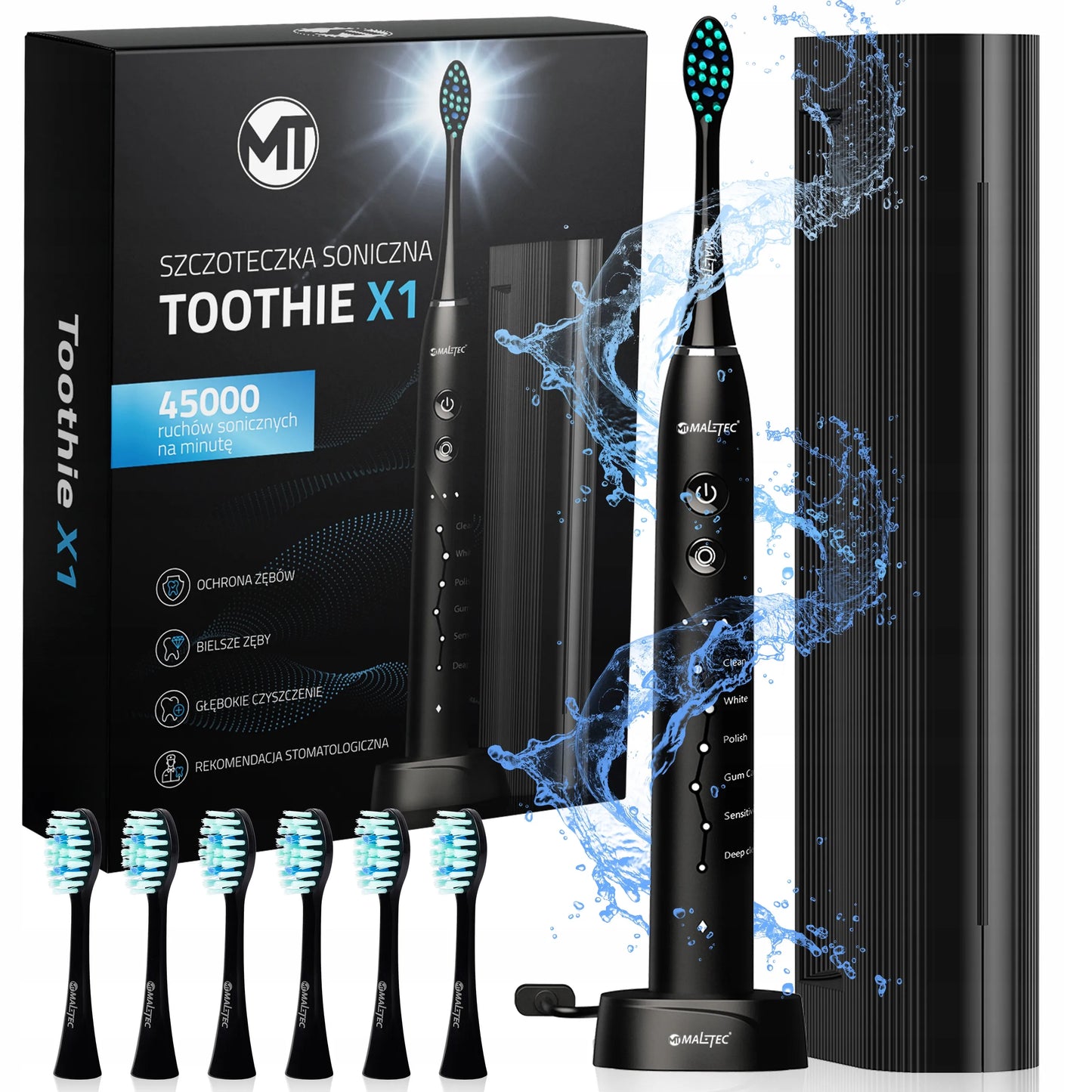 Sonicinis dantų šepetėlis Maltec Toothie X1 BL, atsparus vandeniui, 6 antgaliai, dėklas