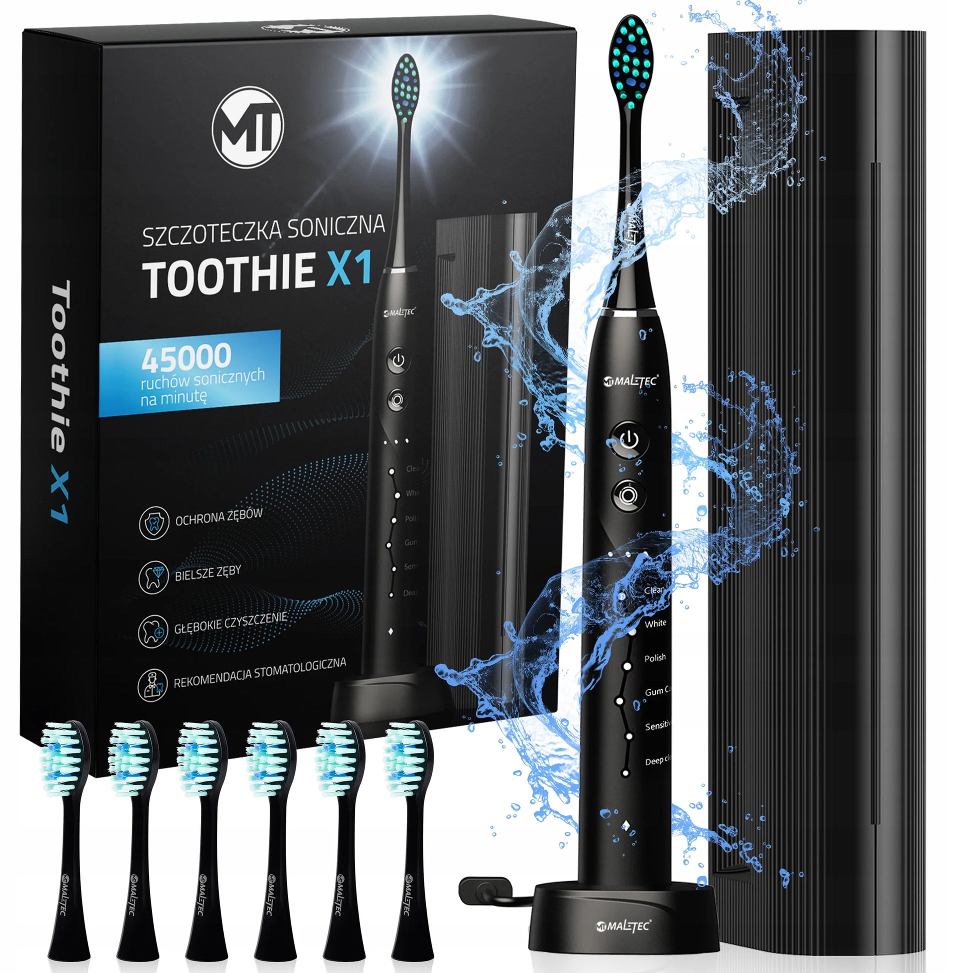 Sonicinis dantų šepetėlis Maltec Toothie X1 BL, atsparus vandeniui, 6 antgaliai, dėklas