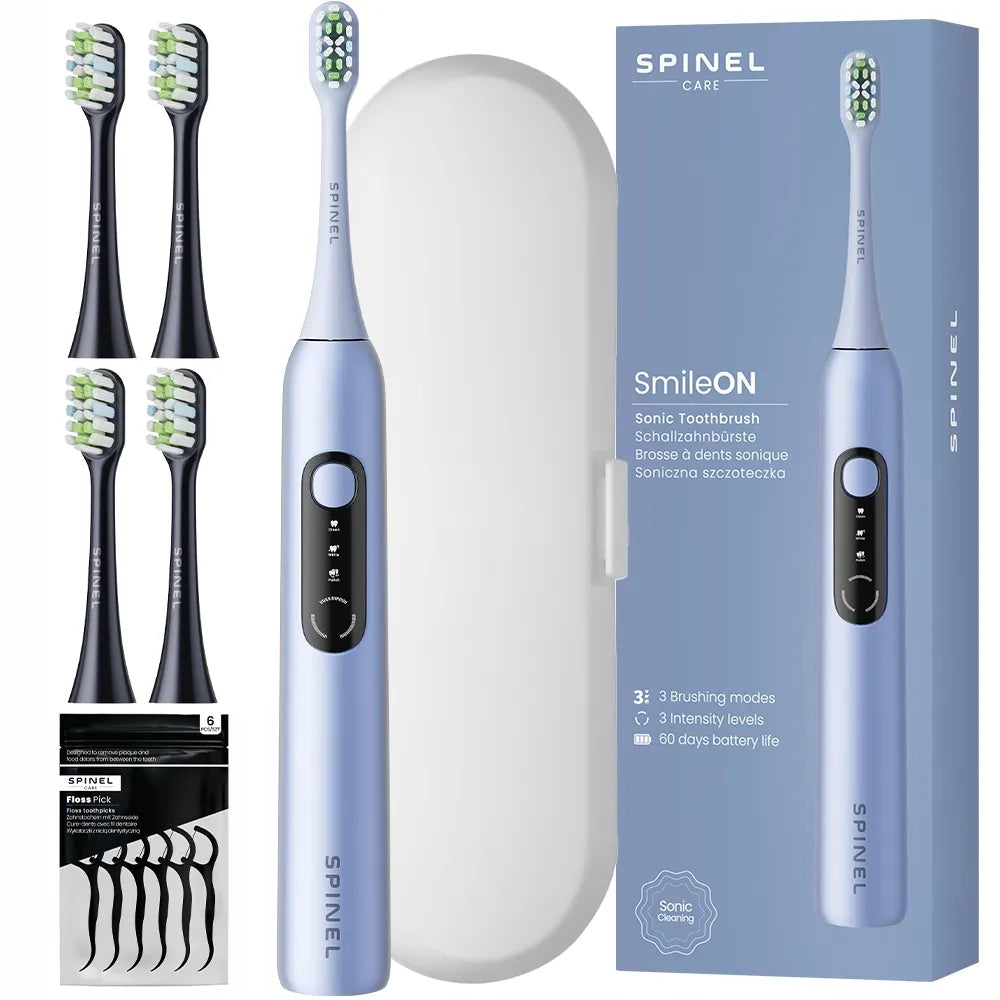Sonicinis dantų šepetėlis SPINEL CARE SmileON, mėlynas, 3 režimai, kelioninis dėklas, 4 galvutės