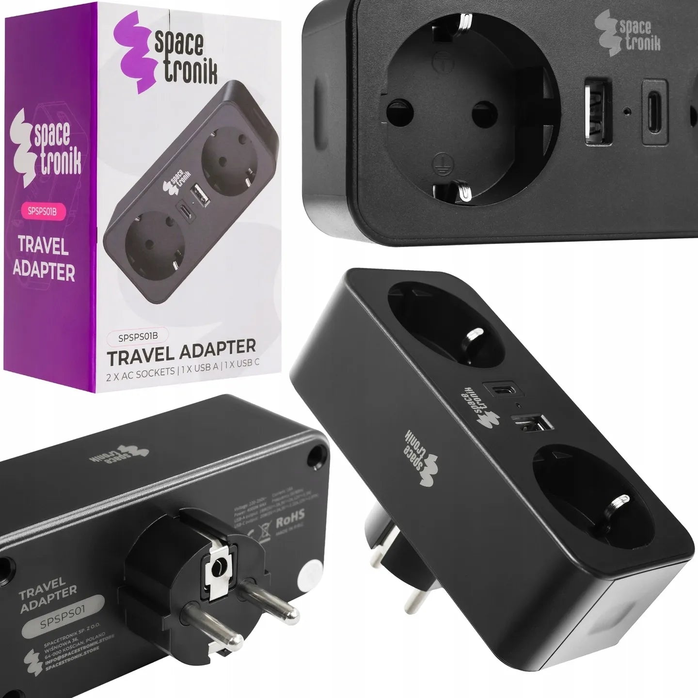 Spacetronik dvigubas kištukinis lizdas su USB įkrovikliu ir LED indikatoriumi