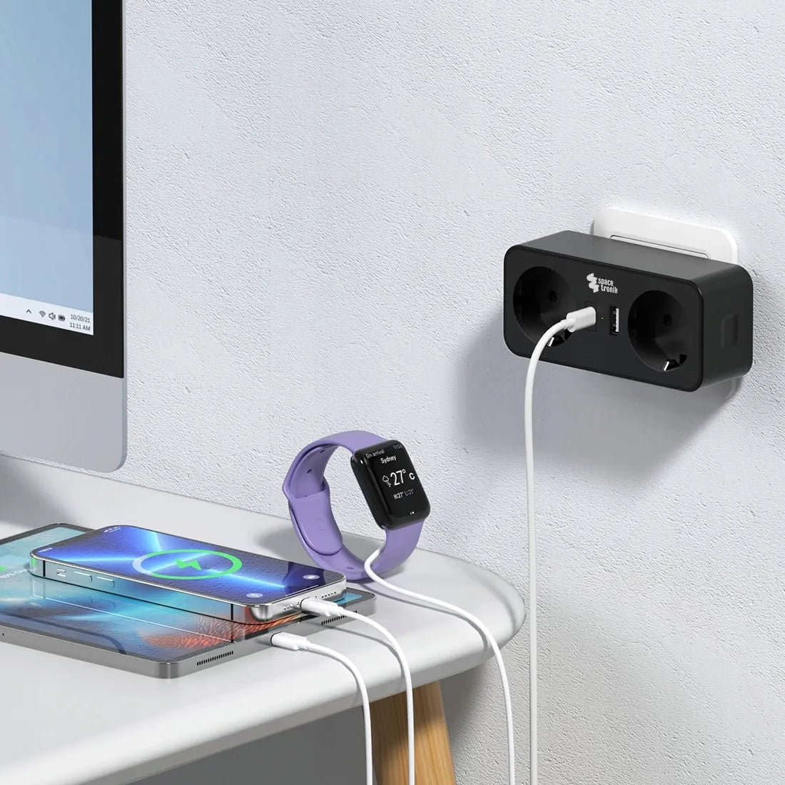 Spacetronik dvigubas kištukinis lizdas su USB įkrovikliu ir LED indikatoriumi