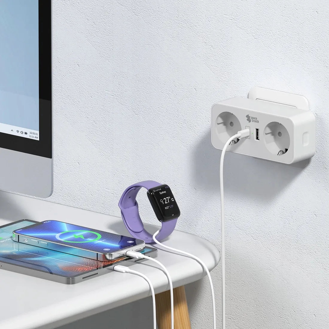 Spacetronik elektros lizdo skirstytuvas, 2 kintamosios srovės lizdai ir 2 USB jungtys, baltas