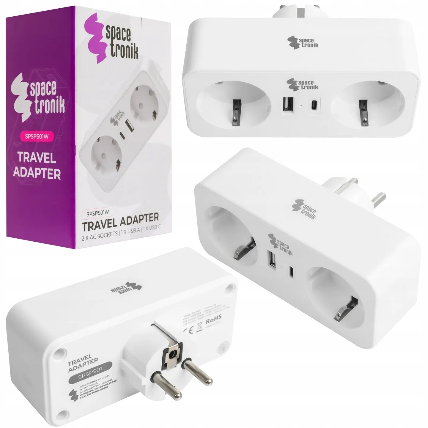 Spacetronik elektros lizdo skirstytuvas, 2 kintamosios srovės lizdai ir 2 USB jungtys, baltas