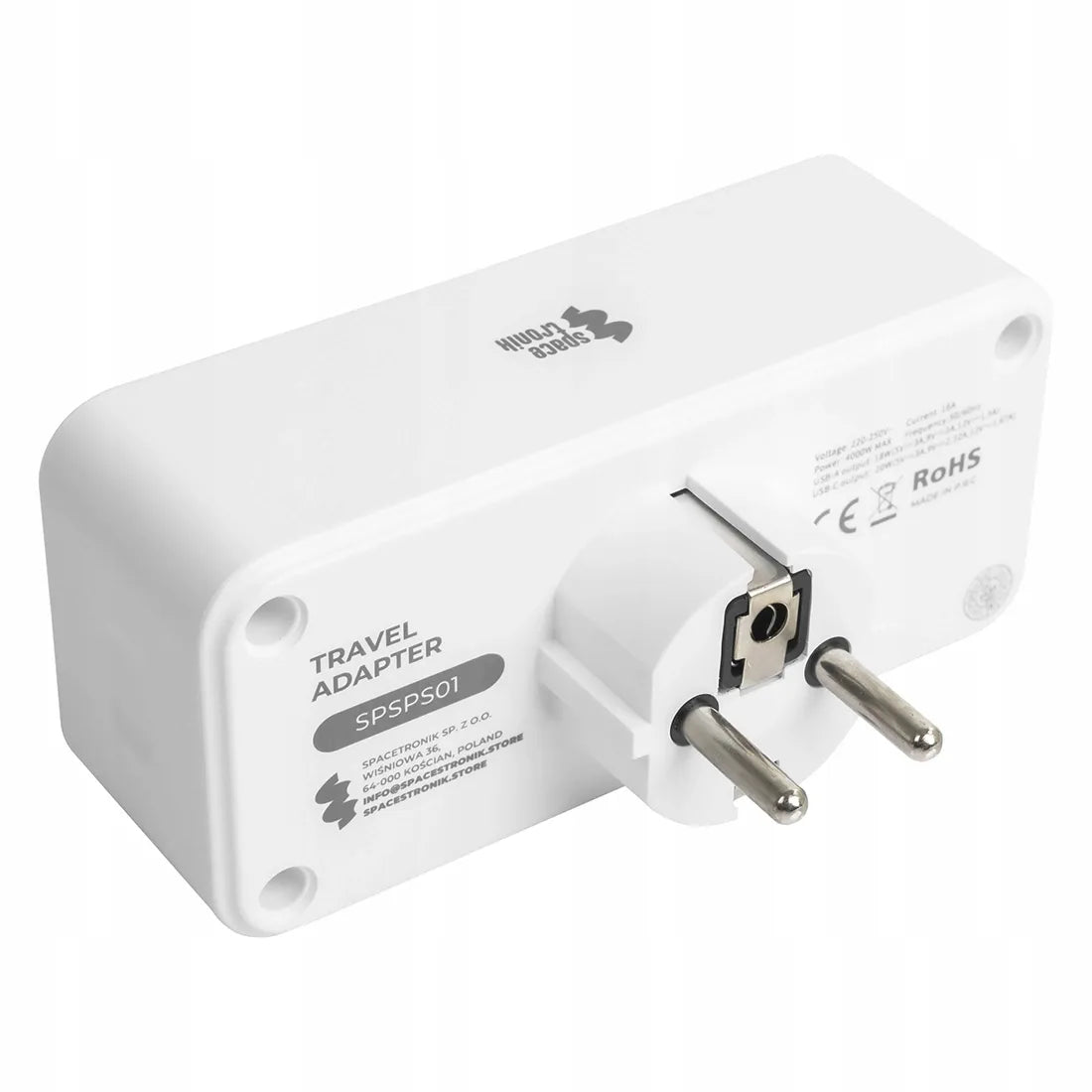 Spacetronik elektros lizdo skirstytuvas, 2 kintamosios srovės lizdai ir 2 USB jungtys, baltas