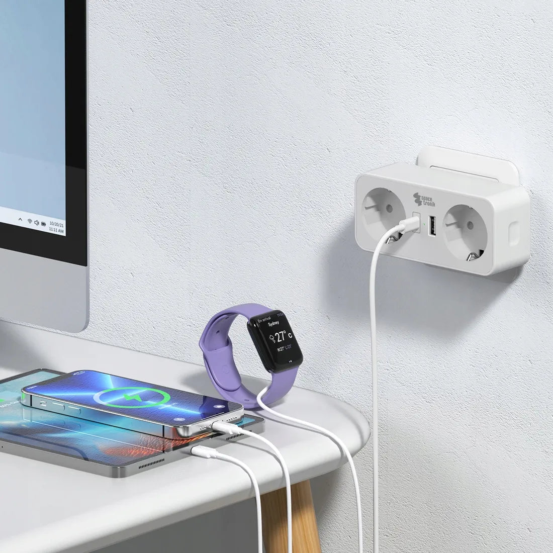 Spacetronik elektros lizdo skirstytuvas, 2 kintamosios srovės lizdai ir 2 USB jungtys, baltas