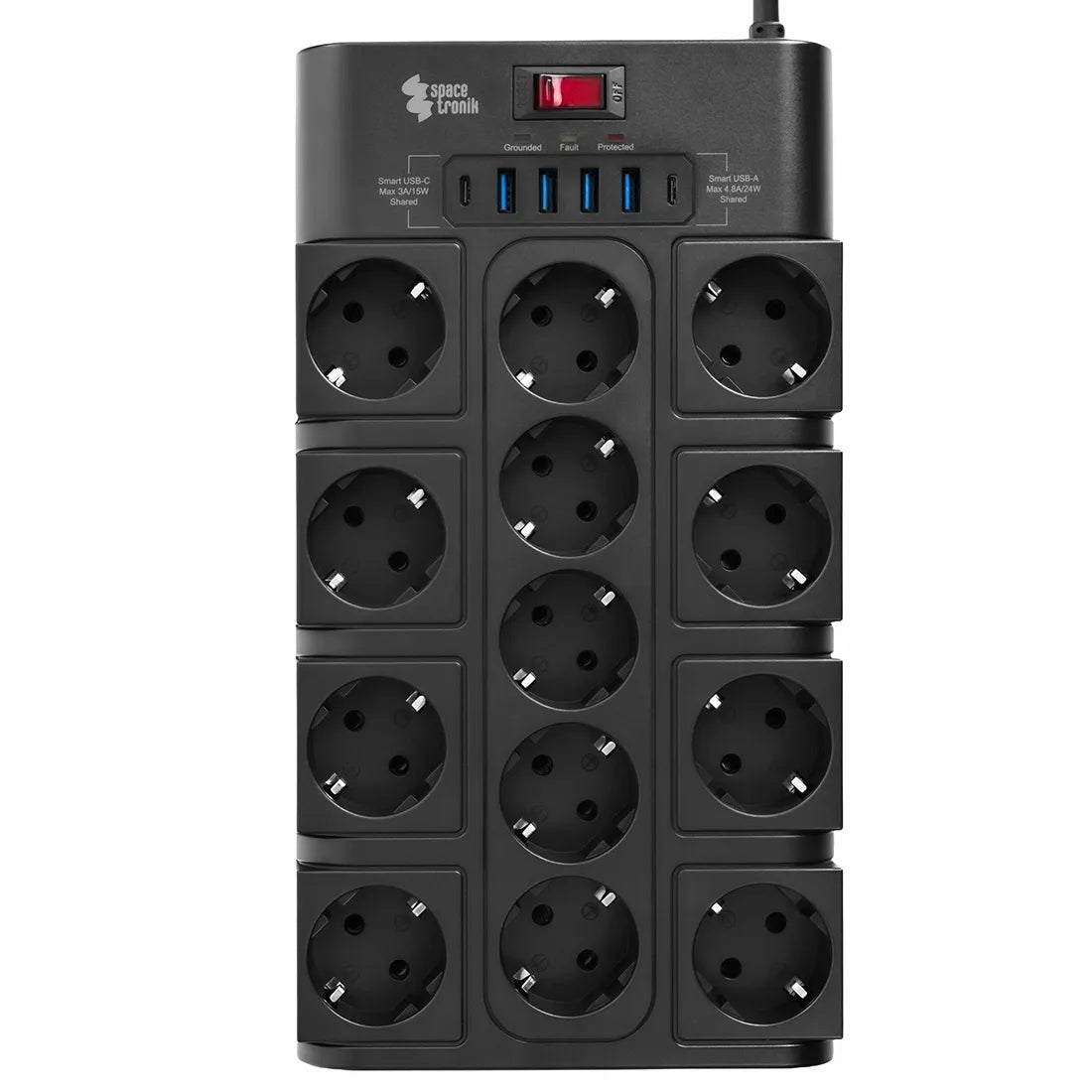 Spacetronik elektros lizdų blokas, ilgintuvas, 13 lizdų, 6xUSB, 2m