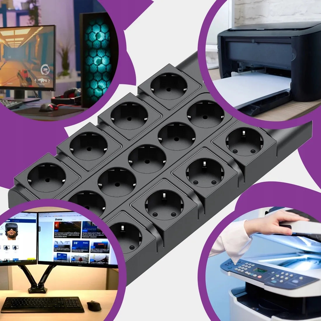 Spacetronik elektros lizdų blokas, ilgintuvas, 13 lizdų, 6xUSB, 2m