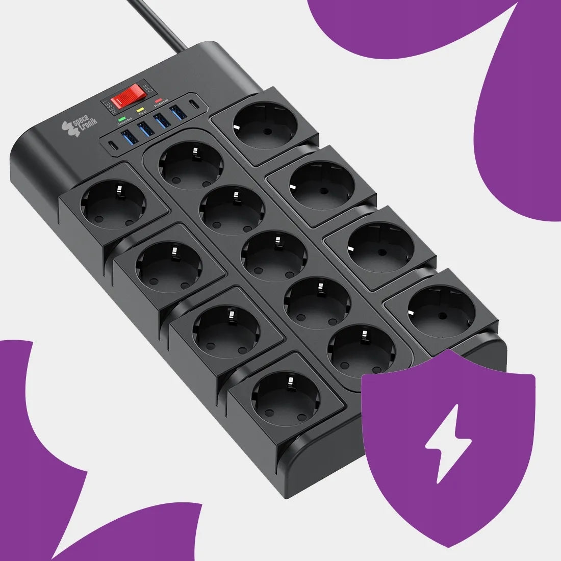 Spacetronik elektros lizdų blokas, ilgintuvas, 13 lizdų, 6xUSB, 2m
