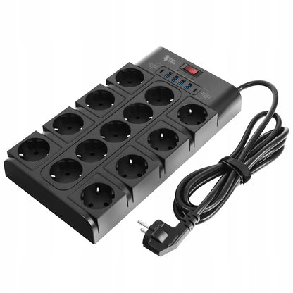 Spacetronik elektros lizdų blokas, ilgintuvas, 13 lizdų, 6xUSB, 2m