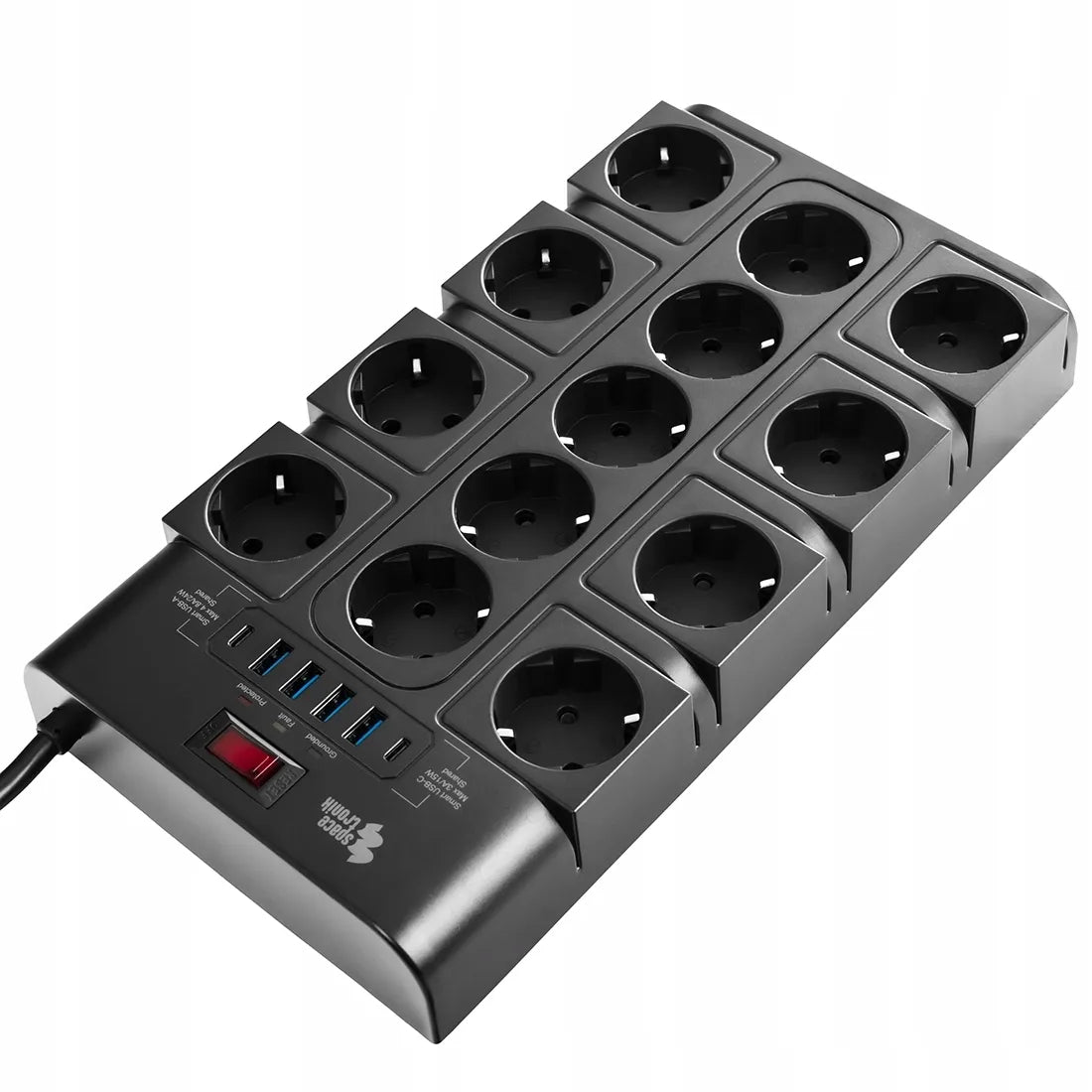 Spacetronik elektros lizdų blokas, ilgintuvas, 13 lizdų, 6xUSB, 2m