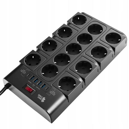 Spacetronik elektros lizdų blokas, ilgintuvas, 13 lizdų, 6xUSB, 2m