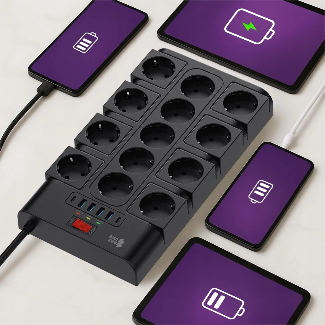 Spacetronik elektros lizdų blokas, ilgintuvas, 13 lizdų, 6xUSB, 2m