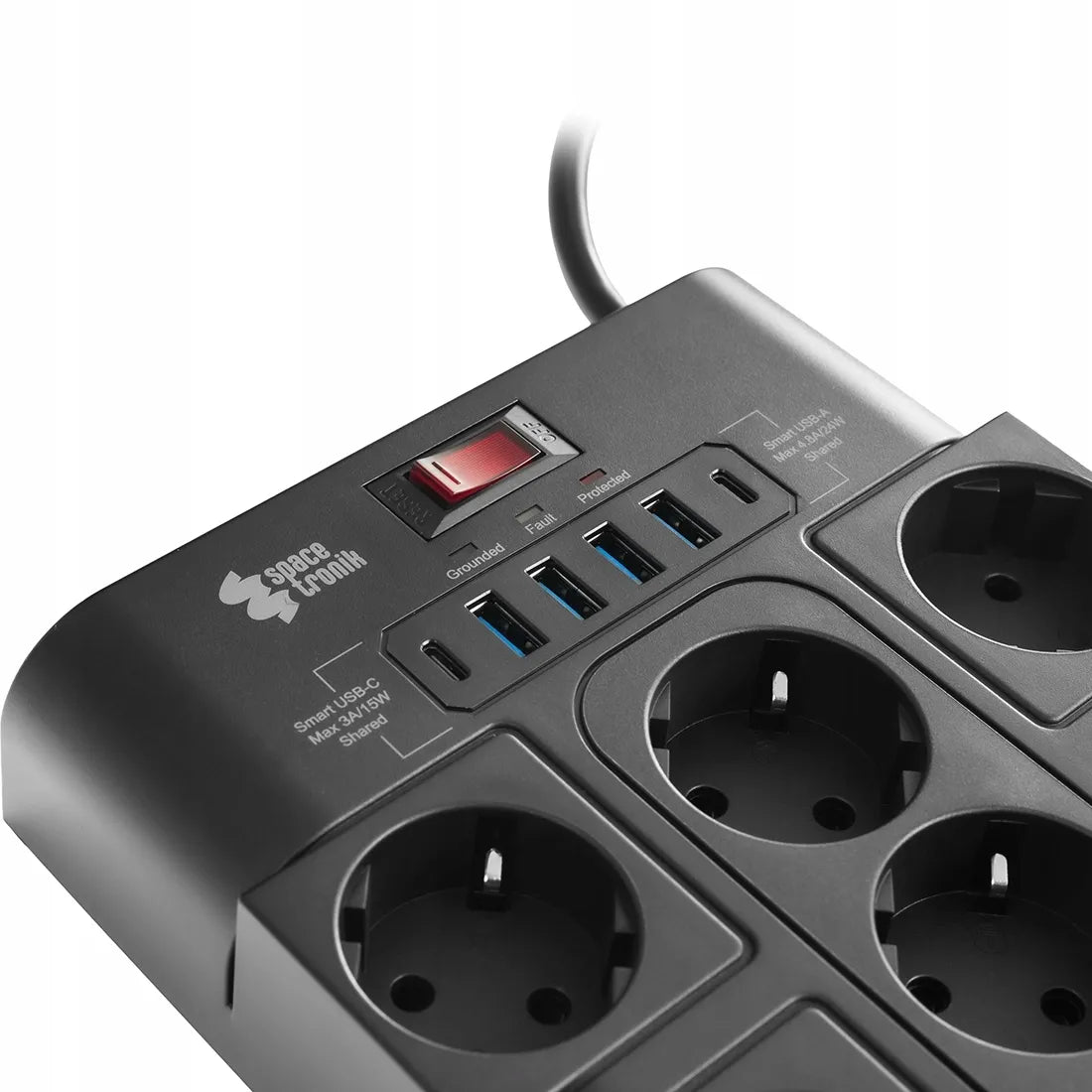 Spacetronik elektros lizdų blokas, ilgintuvas, 13 lizdų, 6xUSB, 2m