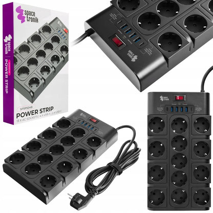 Spacetronik elektros lizdų blokas, ilgintuvas, 13 lizdų, 6xUSB, 2m