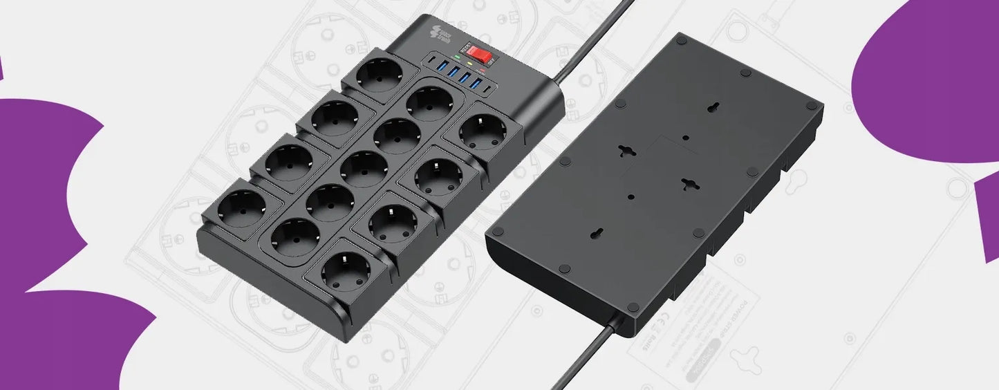 Spacetronik elektros lizdų blokas, ilgintuvas, 13 lizdų, 6xUSB, 2m