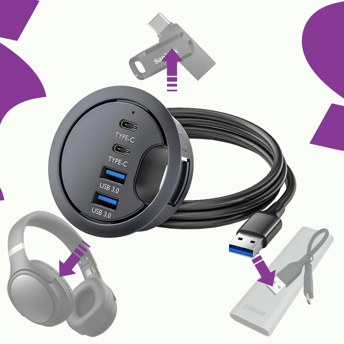 Spacetronik stalinis USB šakotuvas, 2x USB-A ir 2x USB-C