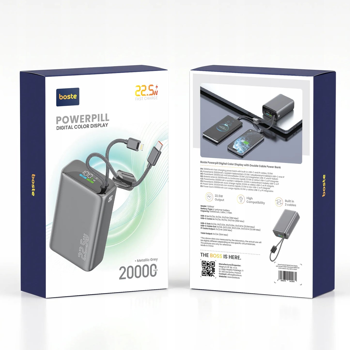 Spartusis 20000mAh 22.5W Powerbankas su USB-C ir Lightning laidais
