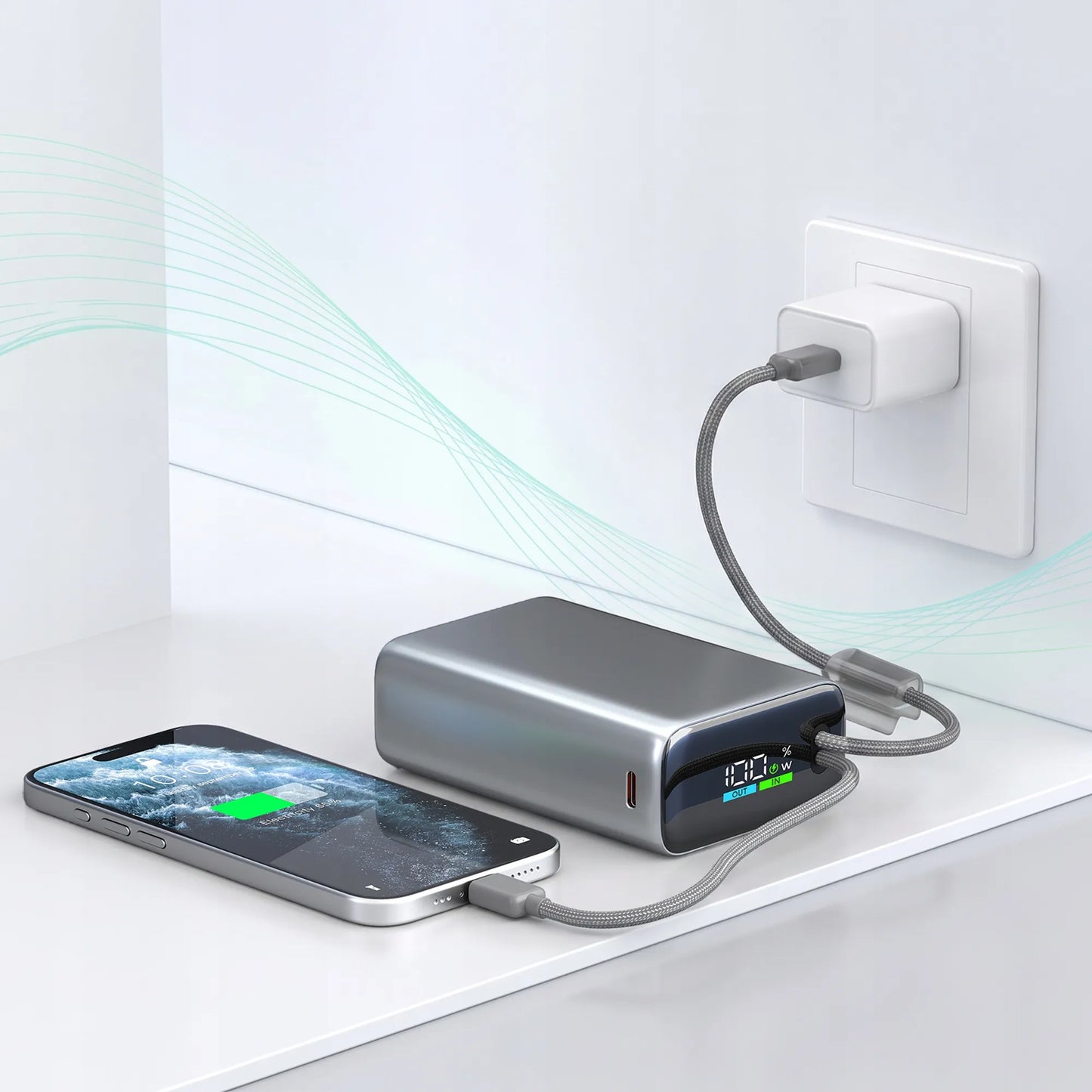 Spartusis 20000mAh 22.5W Powerbankas su USB-C ir Lightning laidais