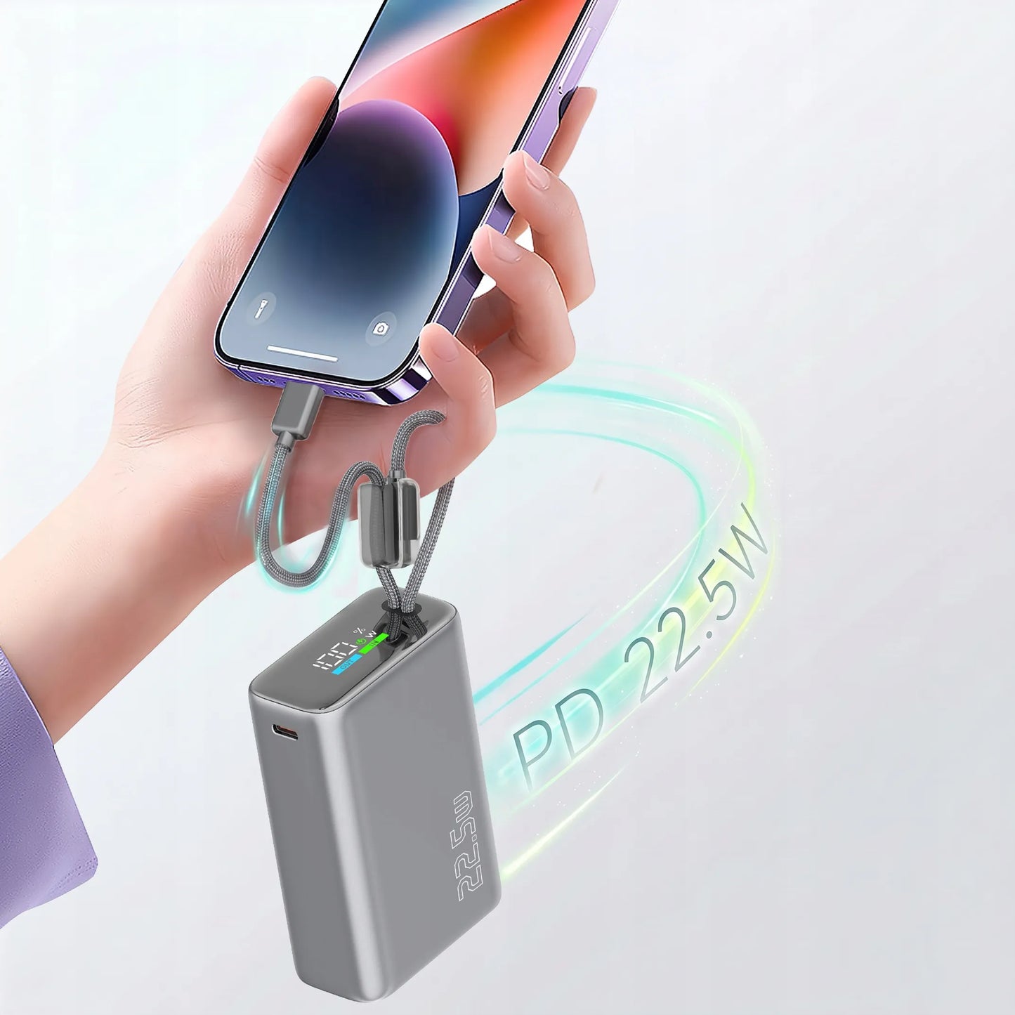 Spartusis 20000mAh 22.5W Powerbankas su USB-C ir Lightning laidais