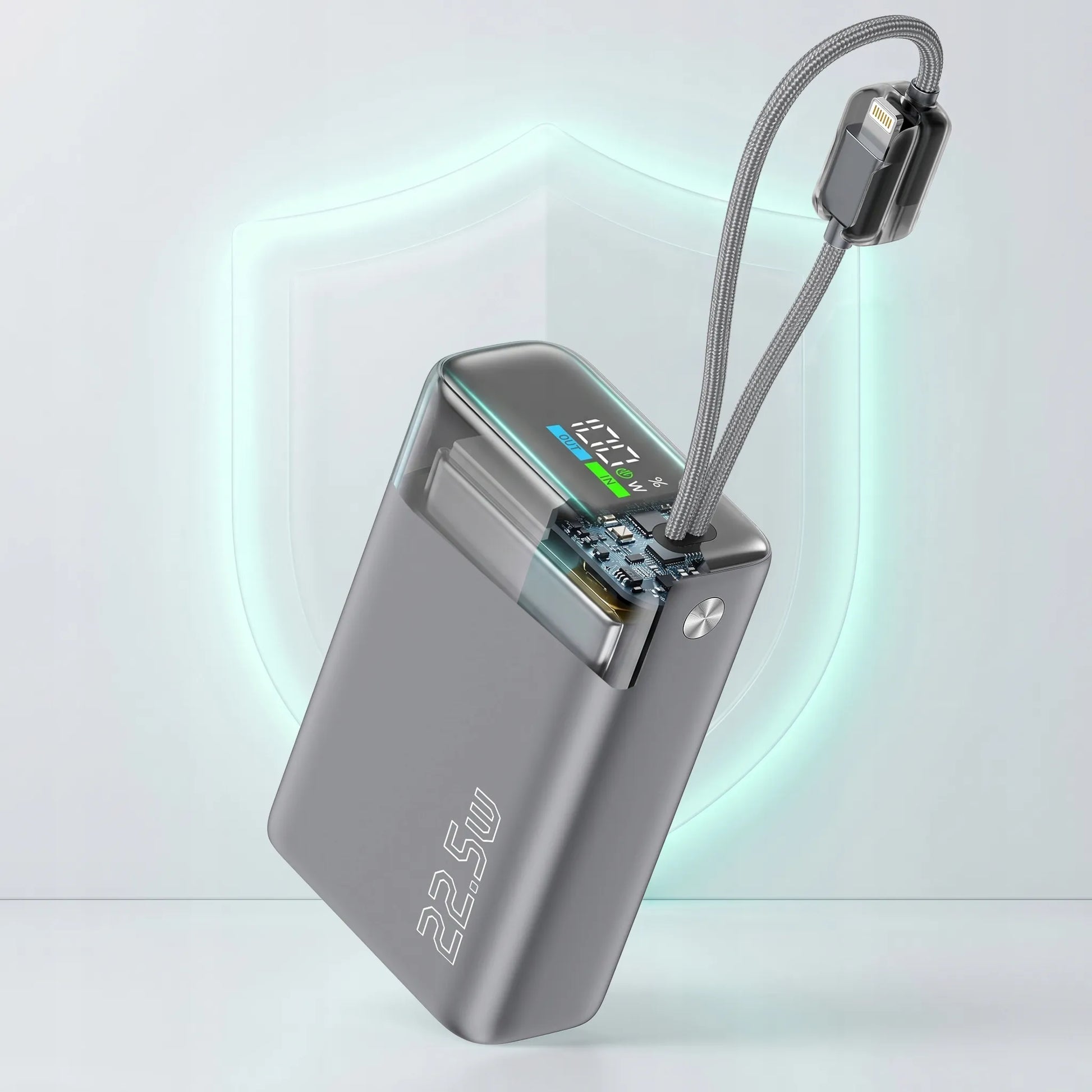 Spartusis 20000mAh 22.5W Powerbankas su USB-C ir Lightning laidais