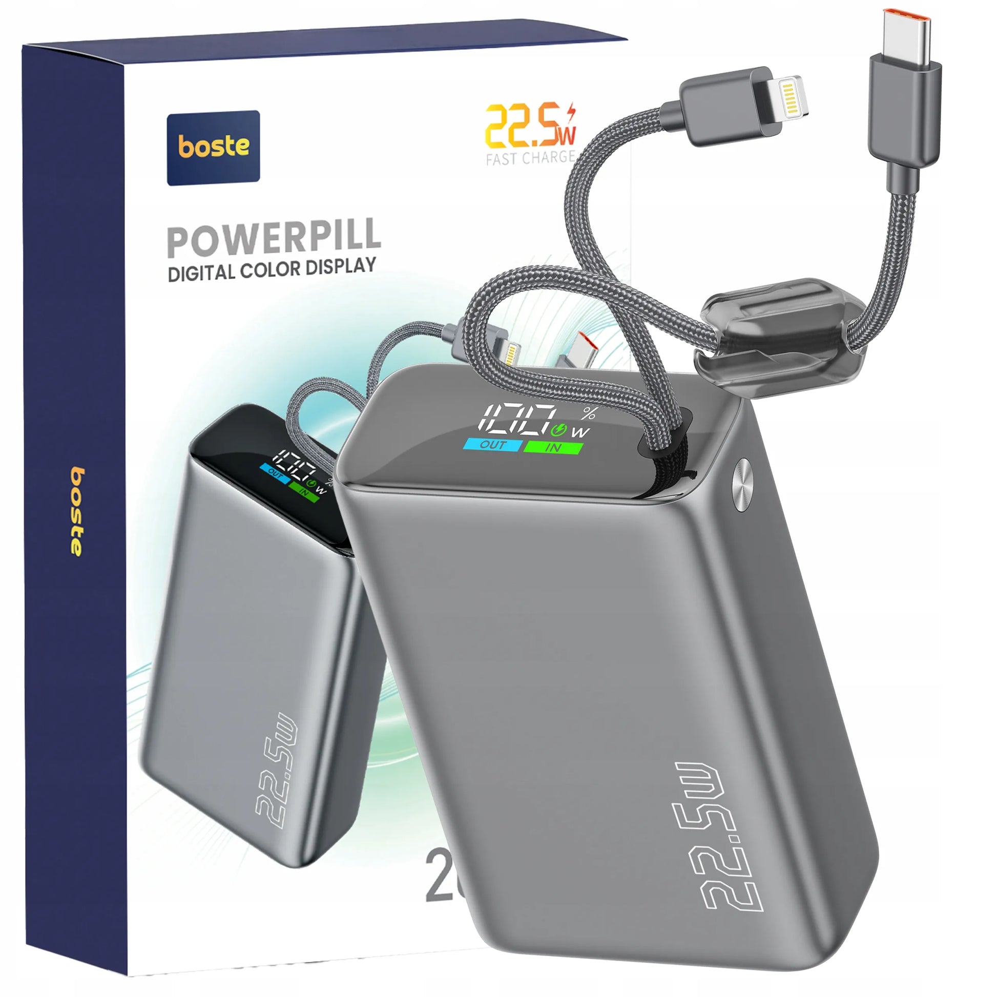 Spartusis 20000mAh 22.5W Powerbankas su USB-C ir Lightning laidais