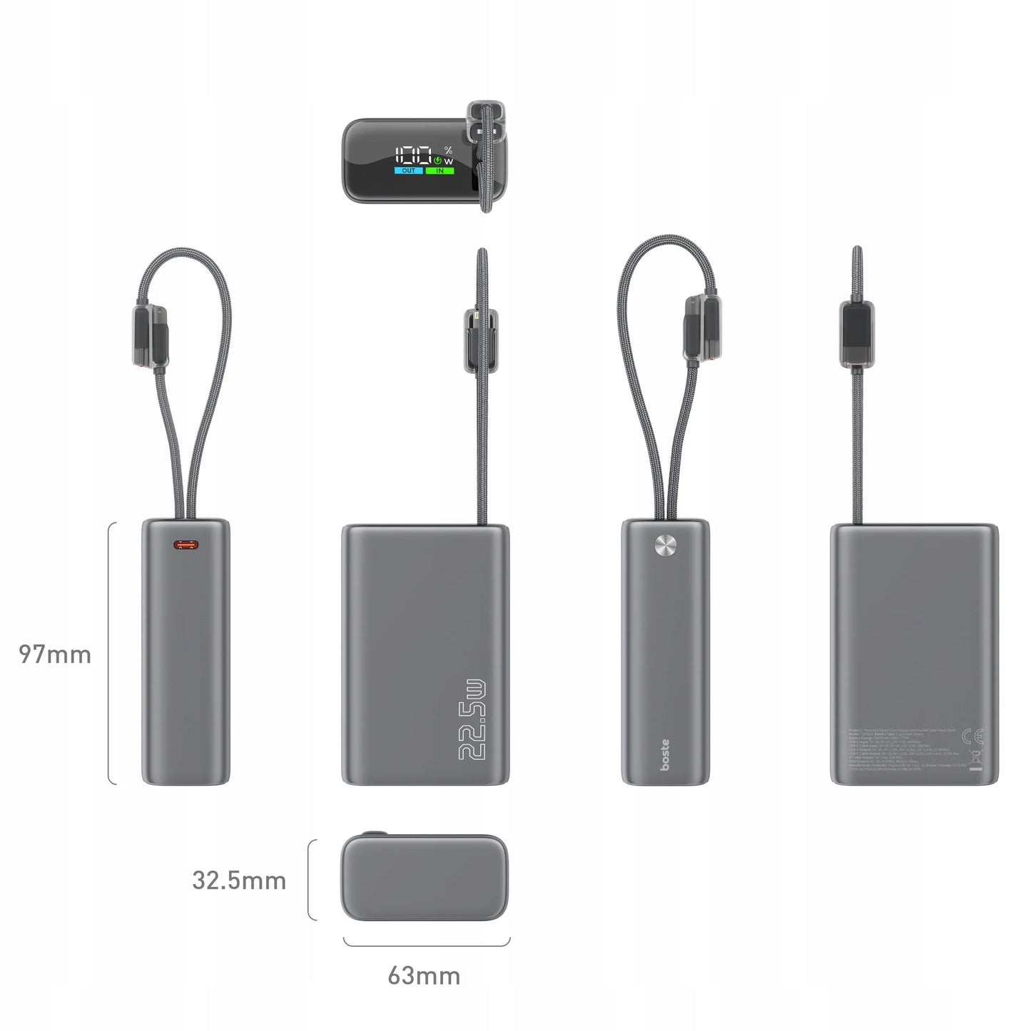 Spartusis 20000mAh 22.5W Powerbankas su USB-C ir Lightning laidais