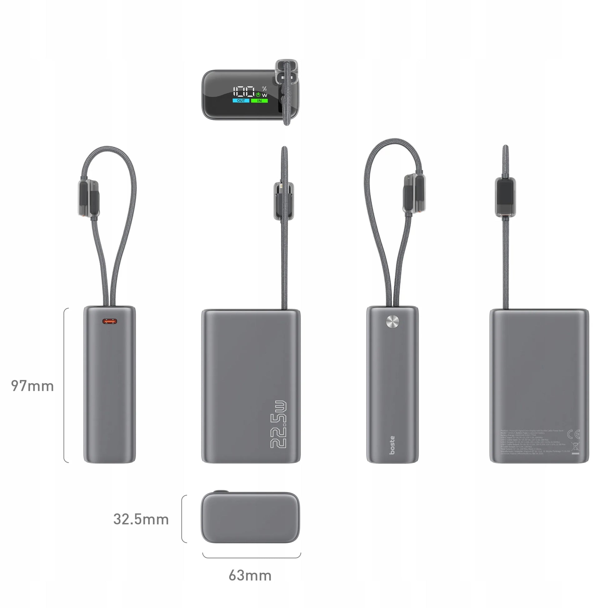 Spartusis 20000mAh 22.5W Powerbankas su USB-C ir Lightning laidais