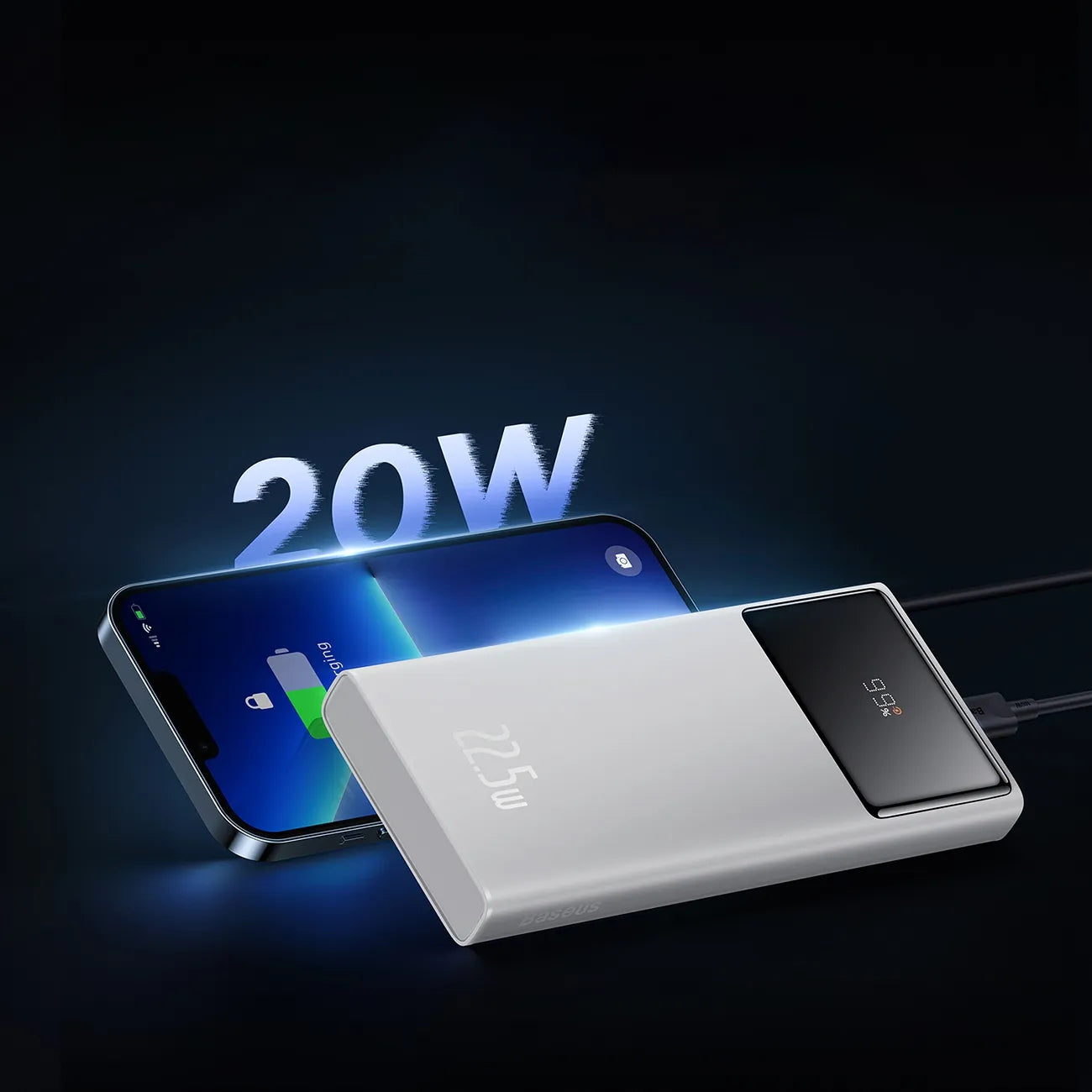 Spartusis „Baseus“ išorinis akumuliatorius 10000 mAh 22,5 W USB-C USB-A PD su ekranu ir laidu