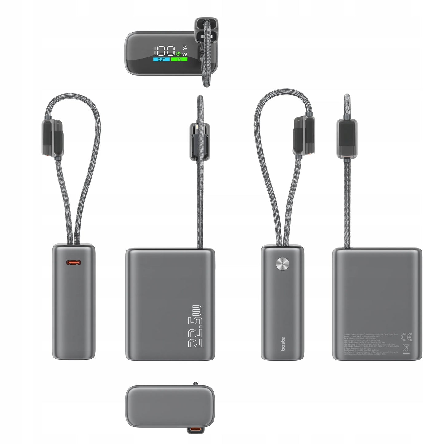 Spartusis išorinis akumuliatorius 10000mAh 22.5W – galingas ir saugus su integruotais USB-C ir Lightning laidais