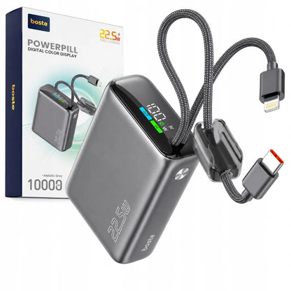 Spartusis išorinis akumuliatorius 10000mAh 22.5W – galingas ir saugus su integruotais USB-C ir Lightning laidais