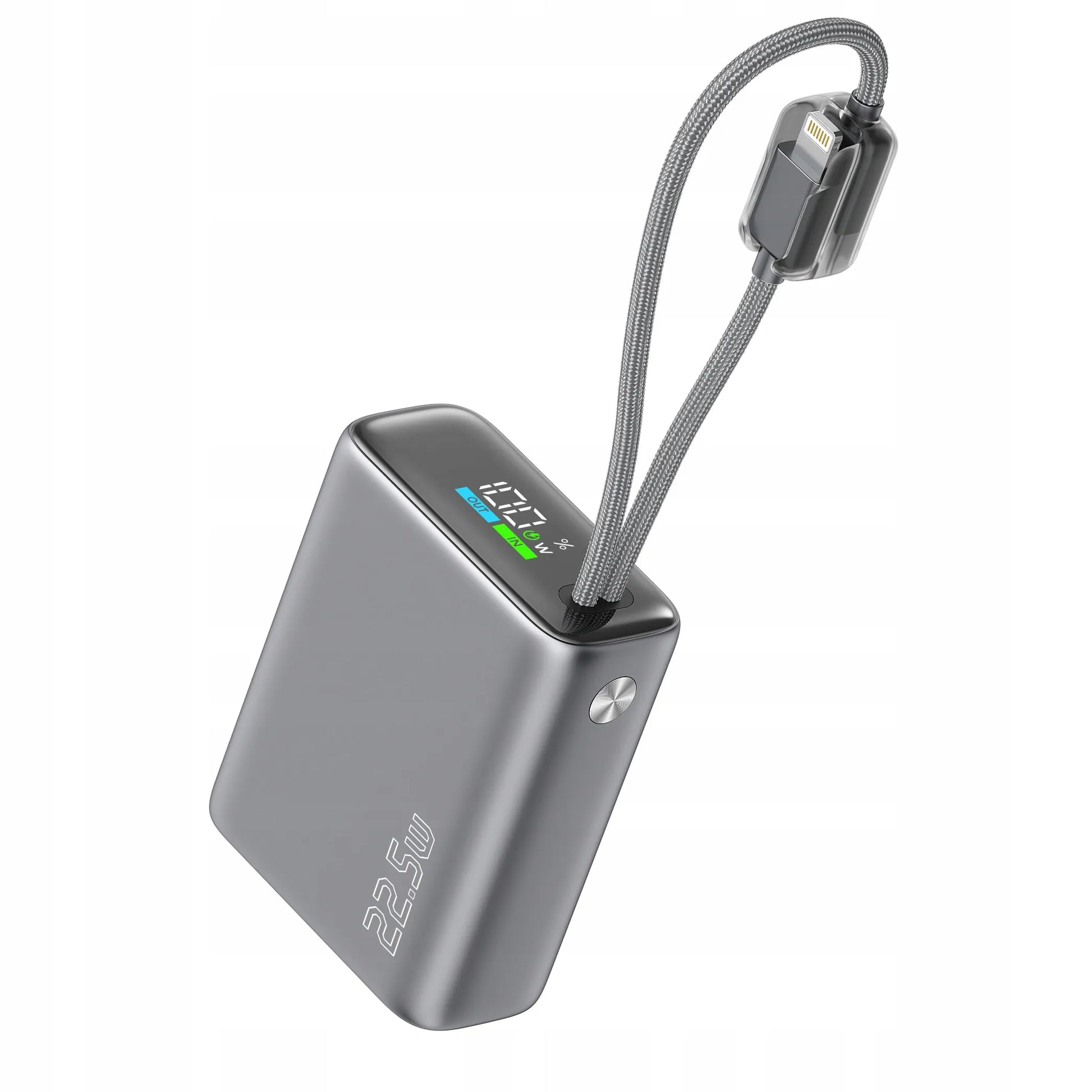 Spartusis išorinis akumuliatorius 10000mAh 22.5W – galingas ir saugus su integruotais USB-C ir Lightning laidais
