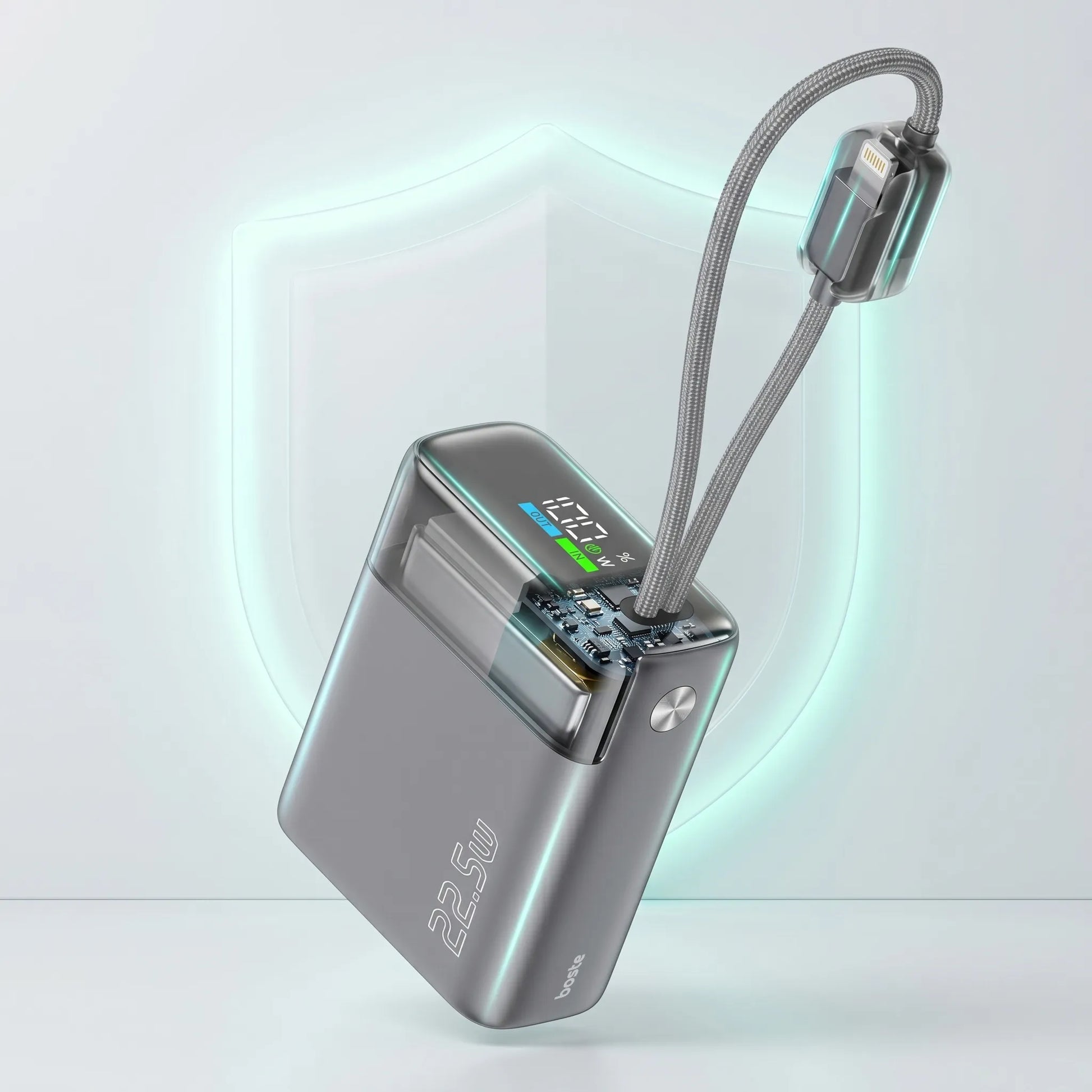 Spartusis išorinis akumuliatorius 10000mAh 22.5W – galingas ir saugus su integruotais USB-C ir Lightning laidais