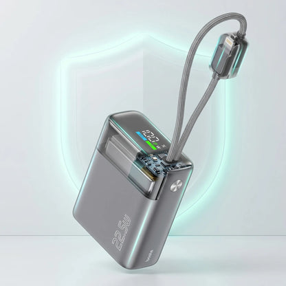 Spartusis išorinis akumuliatorius 10000mAh 22.5W – galingas ir saugus su integruotais USB-C ir Lightning laidais