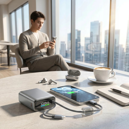 Spartusis išorinis akumuliatorius 10000mAh 22.5W – galingas ir saugus su integruotais USB-C ir Lightning laidais