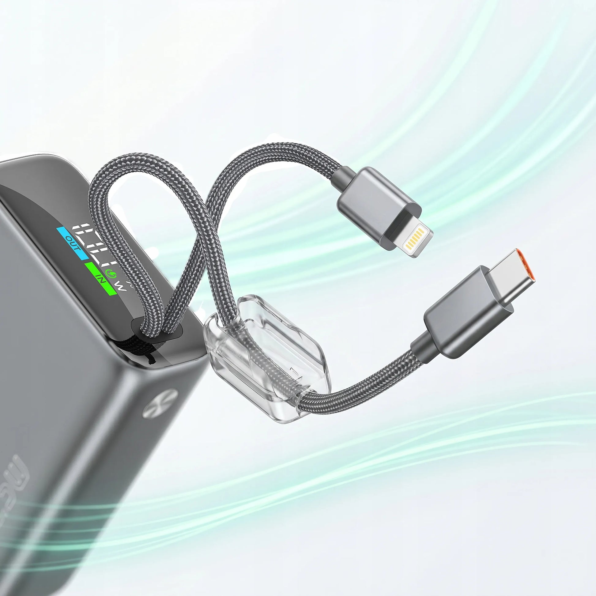 Spartusis išorinis akumuliatorius 10000mAh 22.5W – galingas ir saugus su integruotais USB-C ir Lightning laidais