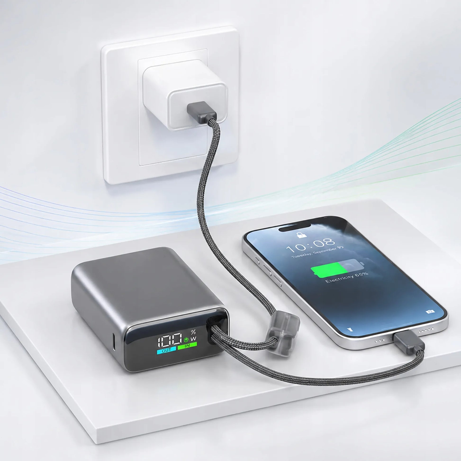 Spartusis išorinis akumuliatorius 10000mAh 22.5W – galingas ir saugus su integruotais USB-C ir Lightning laidais