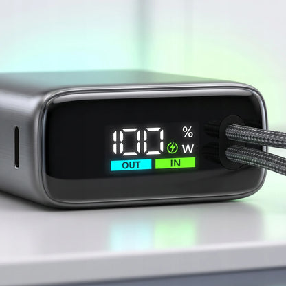 Spartusis išorinis akumuliatorius 10000mAh 22.5W – galingas ir saugus su integruotais USB-C ir Lightning laidais