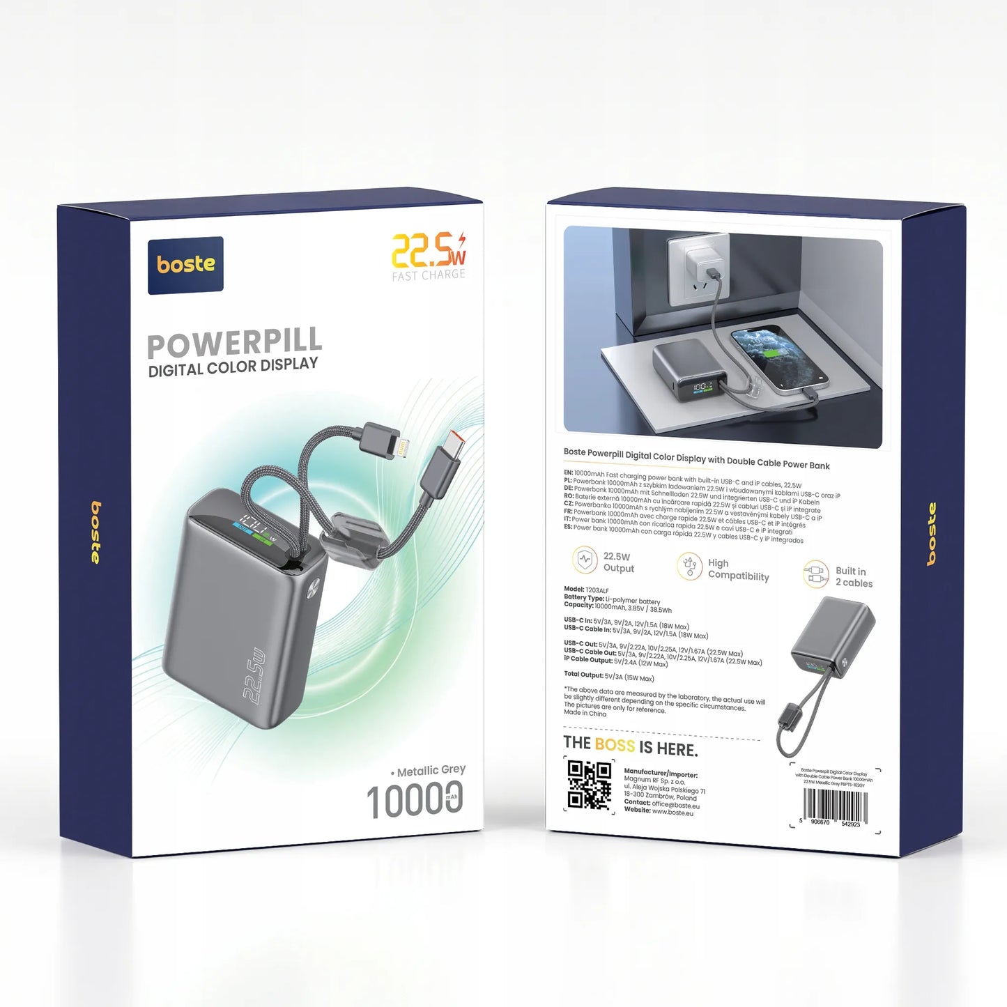 Spartusis išorinis akumuliatorius 10000mAh 22.5W – galingas ir saugus su integruotais USB-C ir Lightning laidais