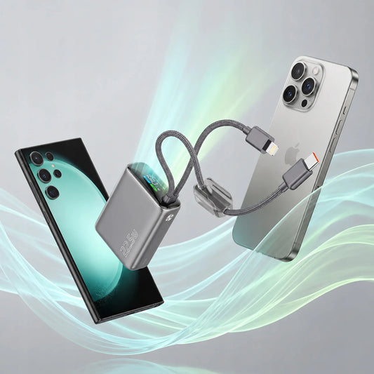 Spartusis išorinis akumuliatorius 10000mAh 22.5W – galingas ir saugus su integruotais USB-C ir Lightning laidais