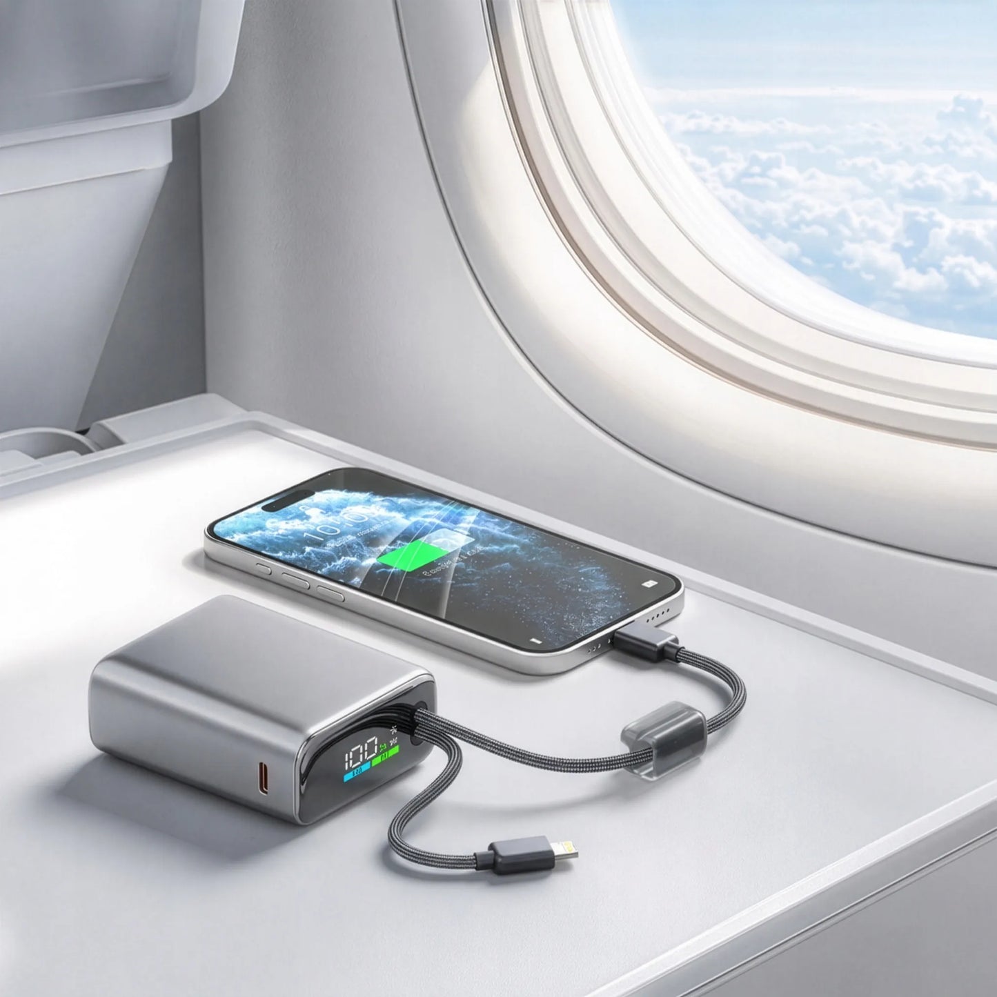 Spartusis išorinis akumuliatorius 10000mAh 22.5W – galingas ir saugus su integruotais USB-C ir Lightning laidais