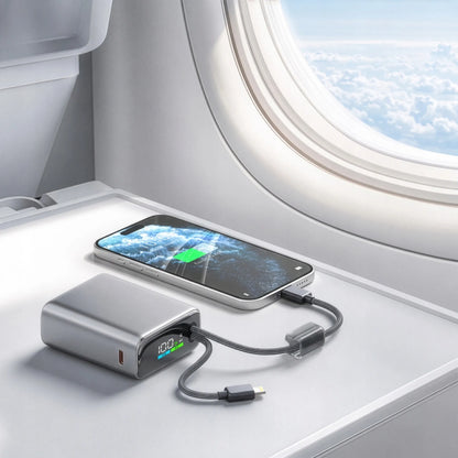Spartusis išorinis akumuliatorius 10000mAh 22.5W – galingas ir saugus su integruotais USB-C ir Lightning laidais