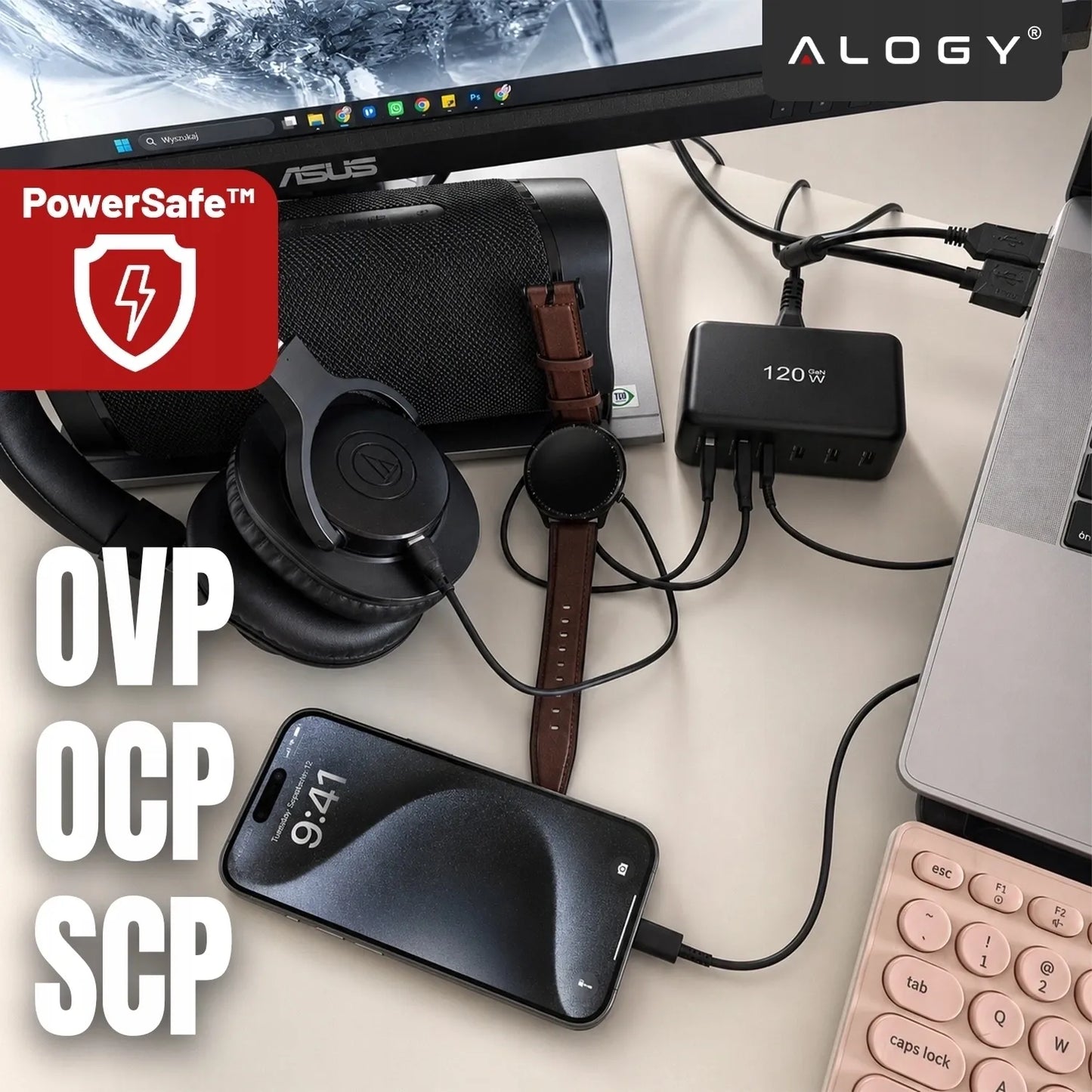 Spartusis tinklo įkroviklis, 6 jungtys, 2x USB, 4x USB-C, 120W PD QC GaN