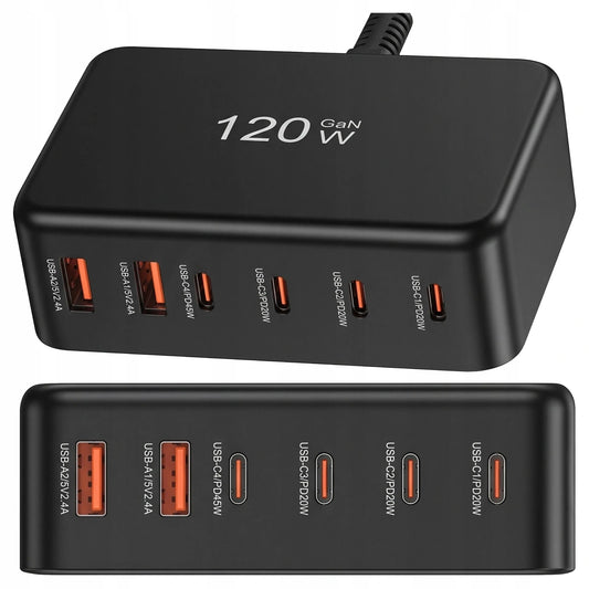 Spartusis tinklo įkroviklis, 6 jungtys, 2x USB, 4x USB-C, 120W PD QC GaN
