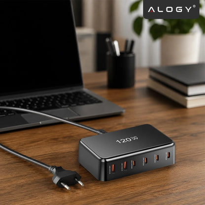 Spartusis tinklo įkroviklis, 6 jungtys, 2x USB, 4x USB-C, 120W PD QC GaN