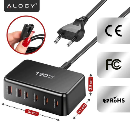 Spartusis tinklo įkroviklis, 6 jungtys, 2x USB, 4x USB-C, 120W PD QC GaN