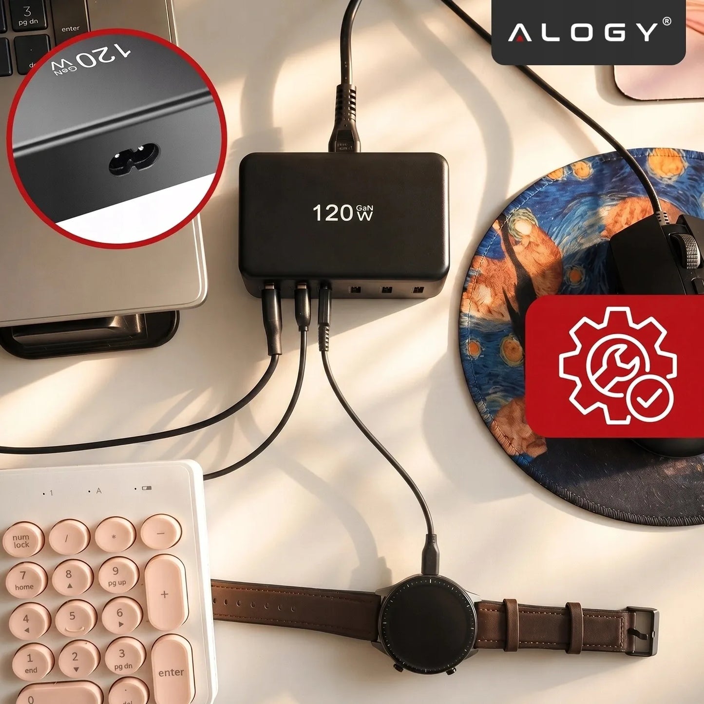 Spartusis tinklo įkroviklis, 6 jungtys, 2x USB, 4x USB-C, 120W PD QC GaN