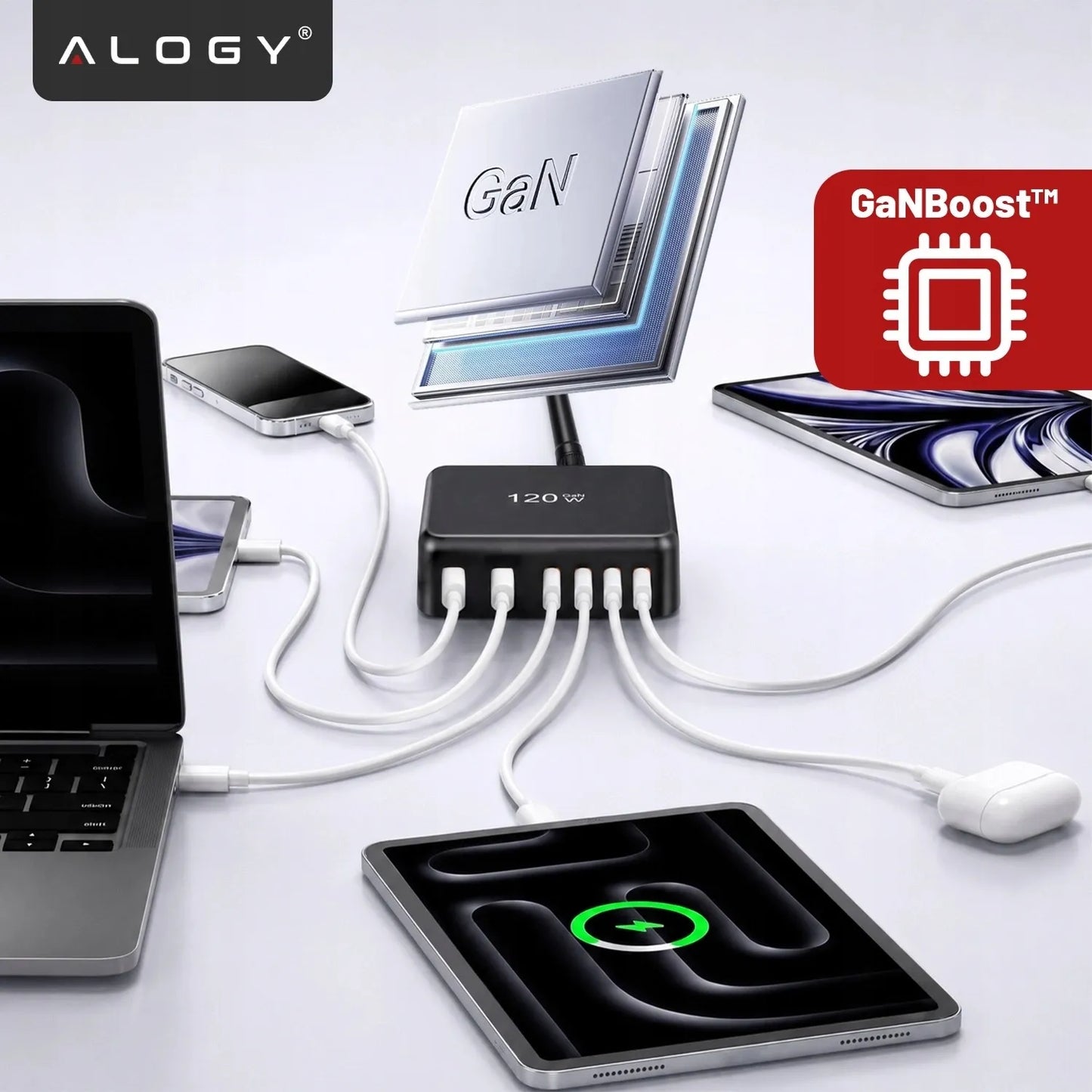 Spartusis tinklo įkroviklis, 6 jungtys, 2x USB, 4x USB-C, 120W PD QC GaN